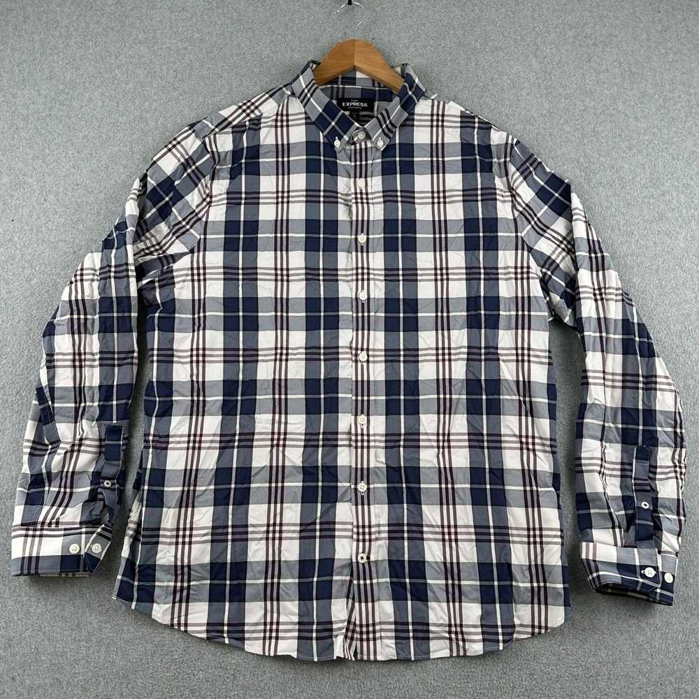 Express Shirt Mens‎ XL Blue Plaid Classic Performance Button Up Long Sleeve